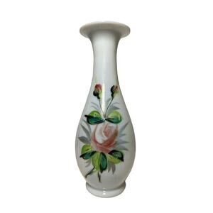 Vintage 40s White Opaline Glass Hand Painted Vase Blown Art Glass Floral